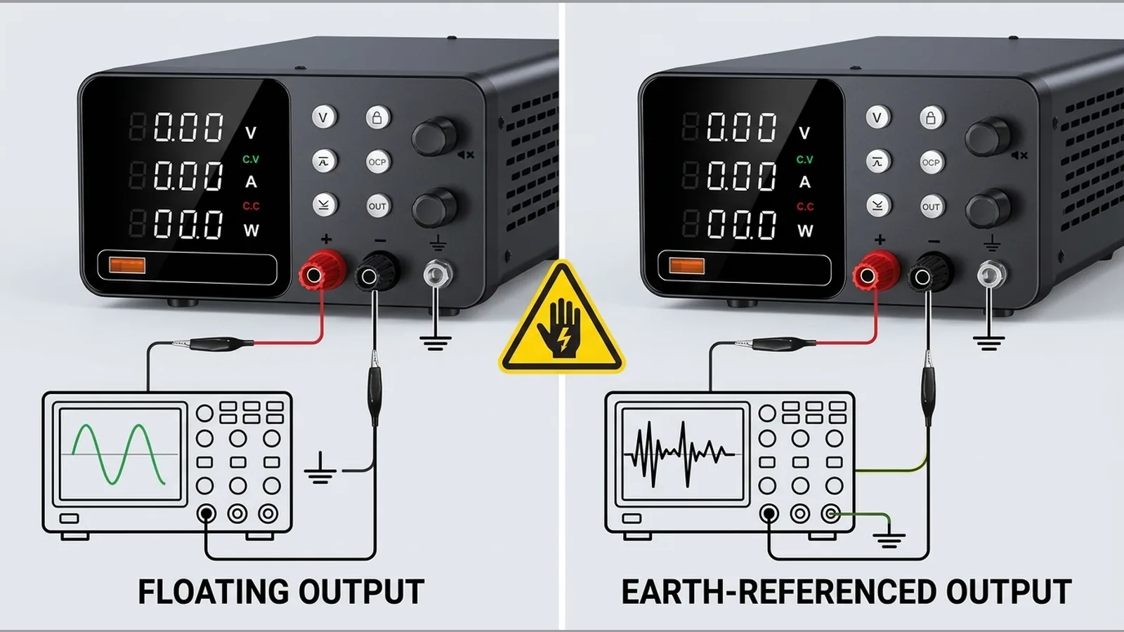 Floating versus grounded bench power supply output diagrams