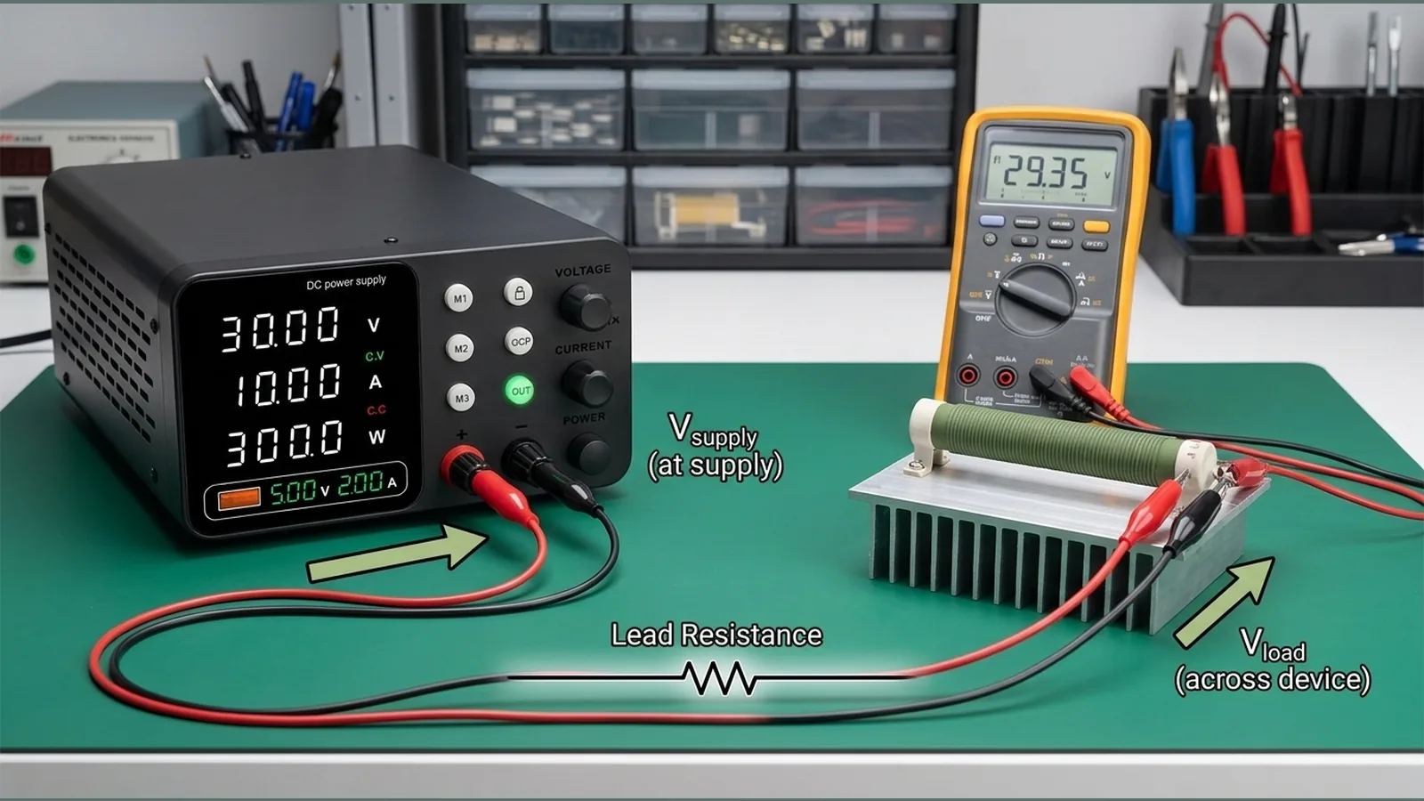 Voltage drop across bench power supply leads measured at the load