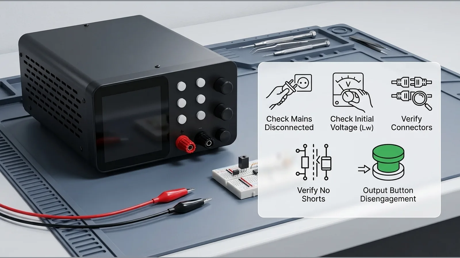 Bench power supply safety checklist before energising a circuit