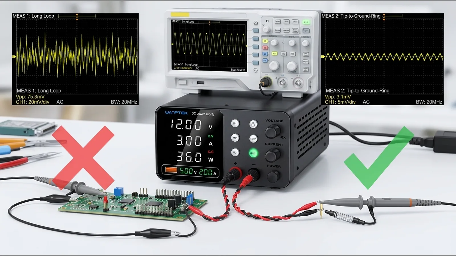 Bench power supply ripple measurement with a short oscilloscope probe loop